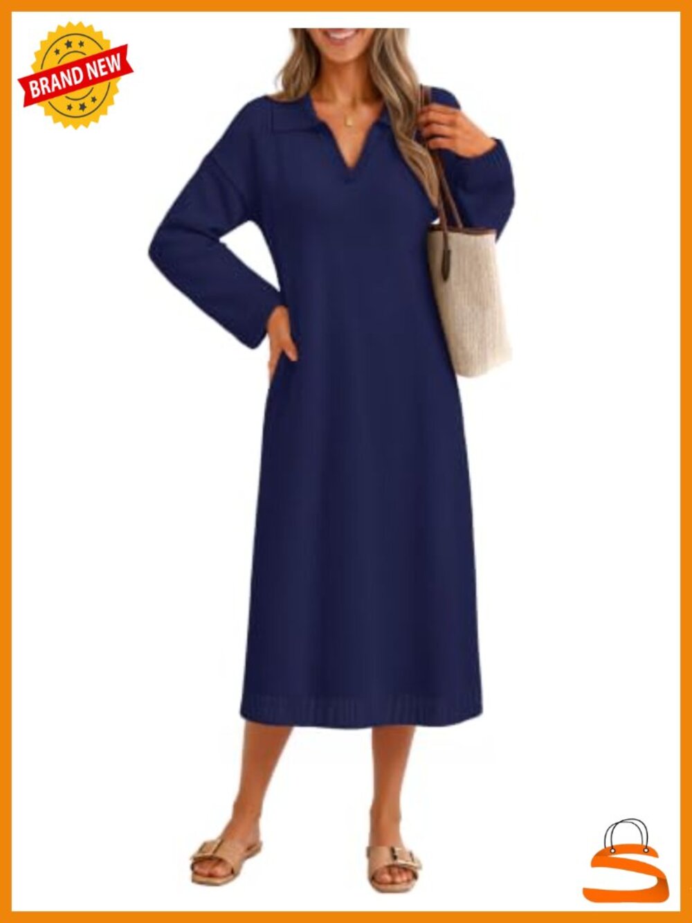 Women's Long Sleeve Midi Sweater Dress V Neck Knit Loose Fit